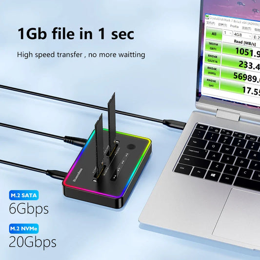 Blueendless M.2 SSD Dual Protocol Docking Station – 2-Bay PCIe NVMe Enclosure with Type-C, 10Gbps, RGB Light