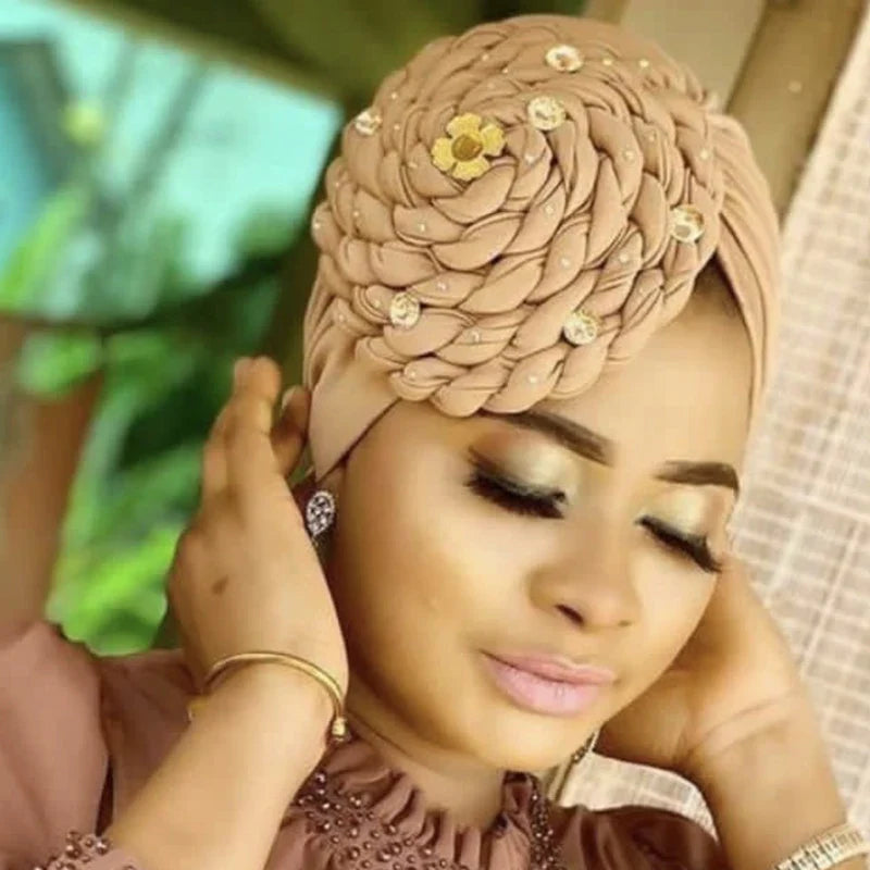 Diamond Braided Turban Hat for Women – Muslim Hijab Bonnet, African Headwrap Cap, Inner Headscarf