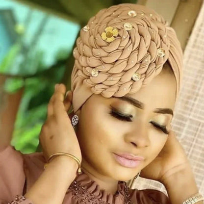 Diamond Braided Turban Hat for Women – Muslim Hijab Bonnet, African Headwrap Cap, Inner Headscarf