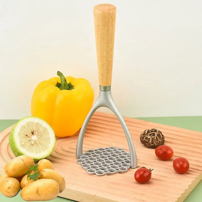 Aluminum Potato Masher & Meat Press - Wooden Handle Manual Kitchen Crusher & Garlic Masher