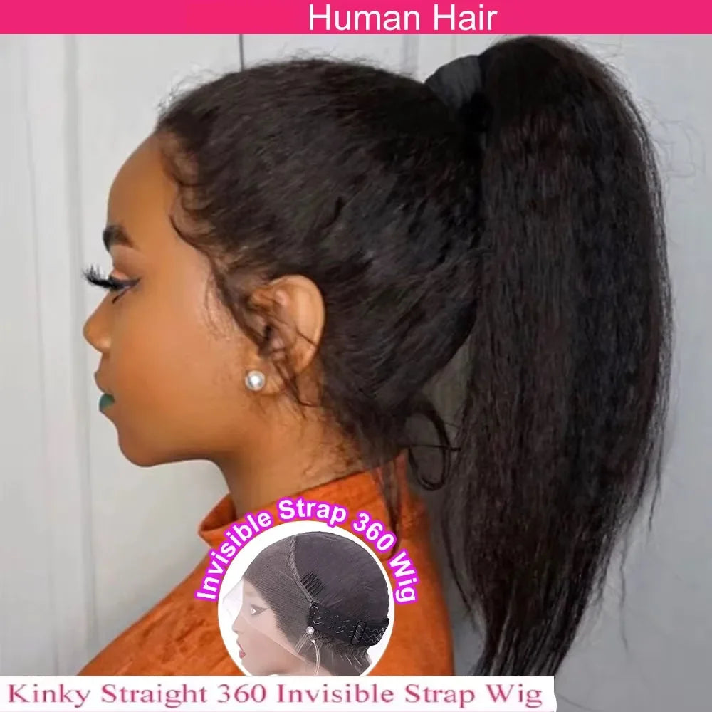 30 Inch 360 Lace Glueless Human Hair Wig - Invisible Strap Kinky Straight Full HD Lace Front Drawstring Wig