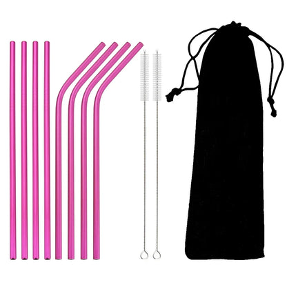 Colorful 304 Stainless Steel Reusable Straws Set — Metal Drinking Straws with Cleaning Brush for Cocktails & Glasses