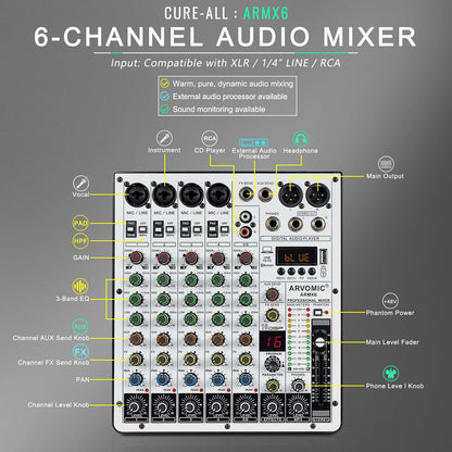ARVOMIC 6 Channel DJ Audio Mixer – USB Interface, Bluetooth, 16 DSP Effects, 3-Band EQ (ARMX-6)