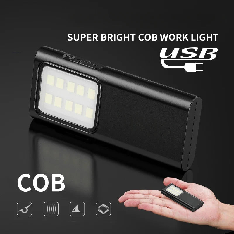 Portable COB LED Flashlight – USB Rechargeable Work Light with Pen Clip, Super Bright for Camping & Car Repair