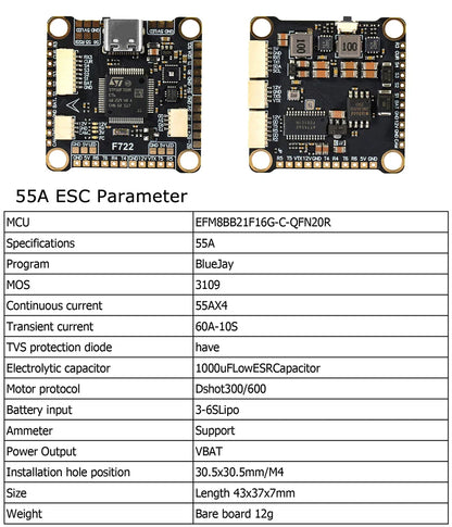 9IMOD F722 Flight Stack – F722 Flight Controller with 55A/60A ESC, 3-6S LiPo, ICM42688 Gyro for FPV Racing Drone