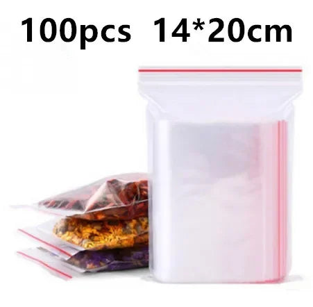 100pcs 50 Micron Clear PE Zip Lock Bags – Reclosable Plastic Pouches for Candy, Cookies & Dried Fruits