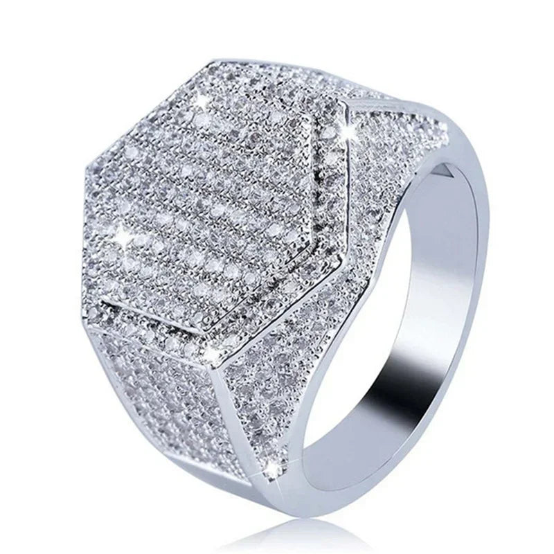 Hip Hop Iced Out Men Ring - Trendy Copper Pave CZ Geometry Jewelry with Bling Cubic Zirconia Design