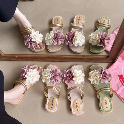 Women's Double Flower Slippers - Lightweight Flat Summer Casual Shoes