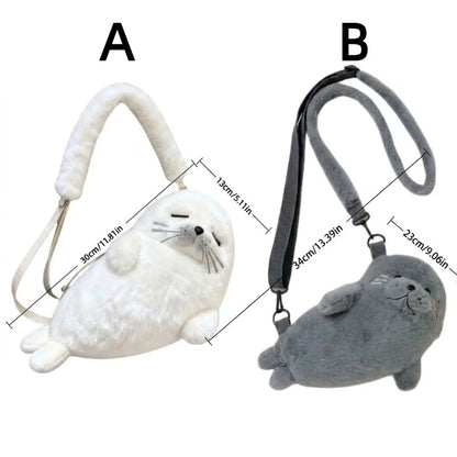 Cute Seal Plush Shoulder Bag - Soft Fluffy Cartoon Crossbody Phone Bag with Adjustable Strap