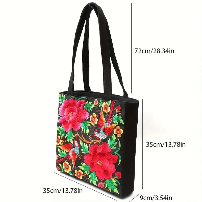 Ethnic Style Flower Embroidery Canvas Tote - Large Capacity Shoulder Bag Handbag for Women