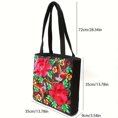 Ethnic Style Flower Embroidery Canvas Tote - Large Capacity Shoulder Bag Handbag for Women