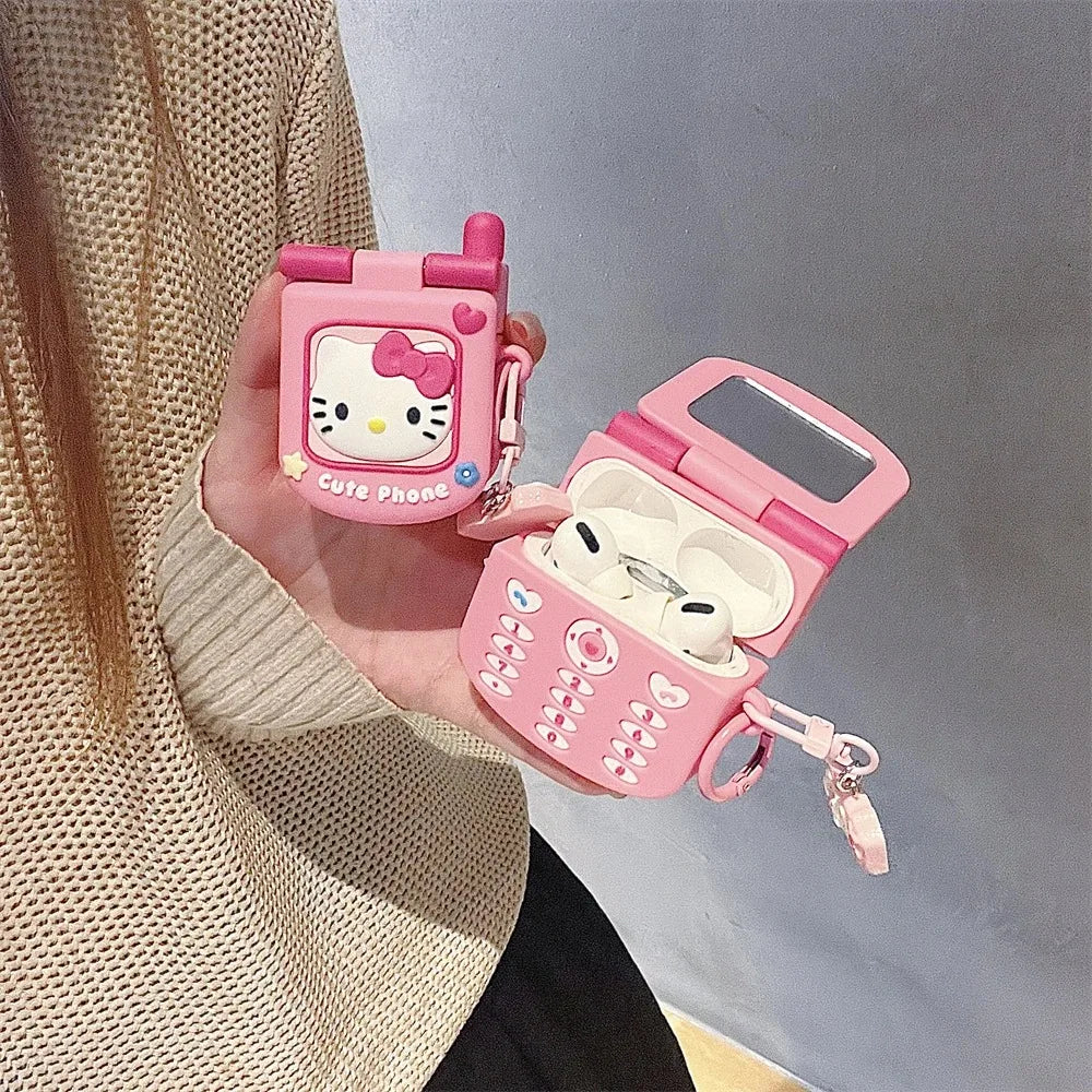 AirPods 1/2/3/4 Pro/Pro2 Silicone Case – 3D Hello Kitty Cartoon Headphone Box with Retro Mirror KT Cover