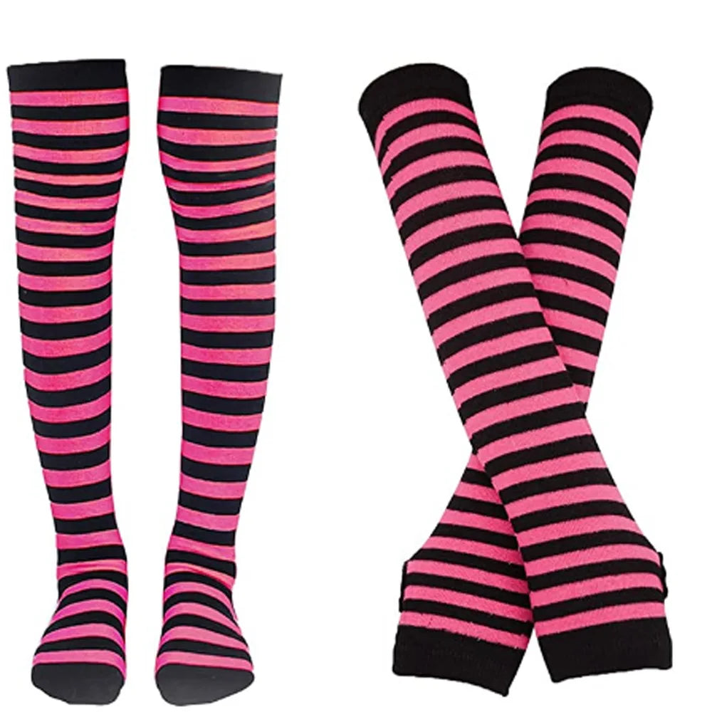 Women & Girls Over Knee Long Stripe Printed Thigh High Cotton Socks – Cute Plus Size Arm Sleeve Gloves & Overknee Socks
