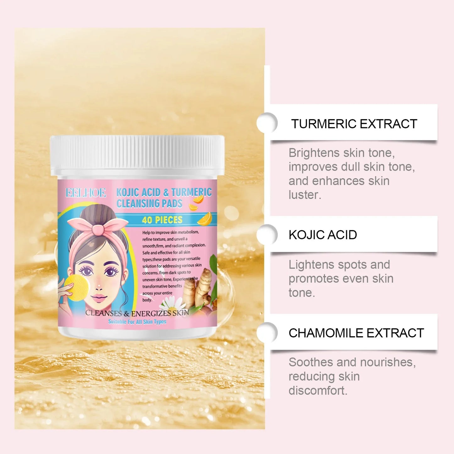 EELHOE Turmeric and Kojic Acid Facial Cleansing Pads - Exfoliating Daily Skin Care for Pores, Dirt Removal, and Moisturizing