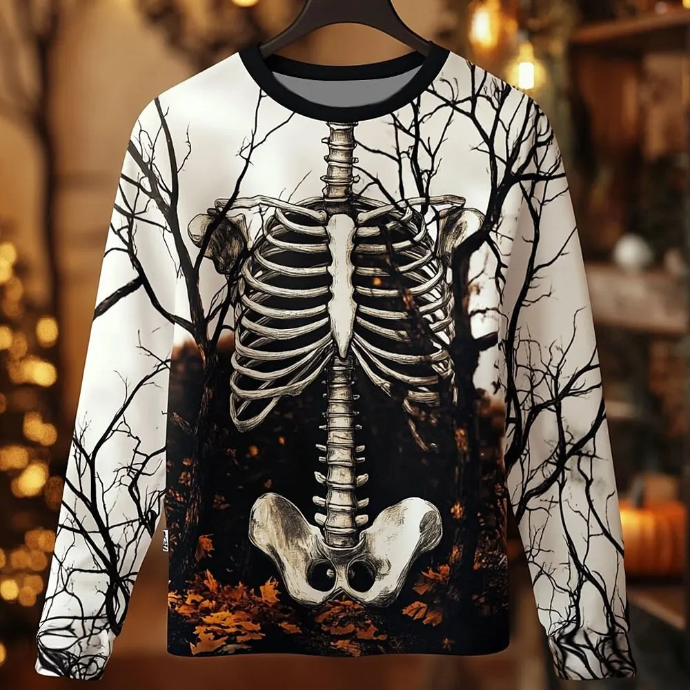 Men's Skeleton Print Long Sleeve T-Shirt - Gothic Halloween Streetwear Casual Top