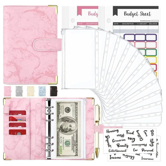 A6 Money Saving Organizer – PU Leather Budget Binder with Marble Notebook, 2023 Budget Planner, Envelope Office & School Supplies