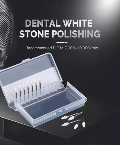 AZDENT White Stone Polishing Burs Kit – Flame, Cone & Round Shapes for Porcelain, Enamel & Composite Resin