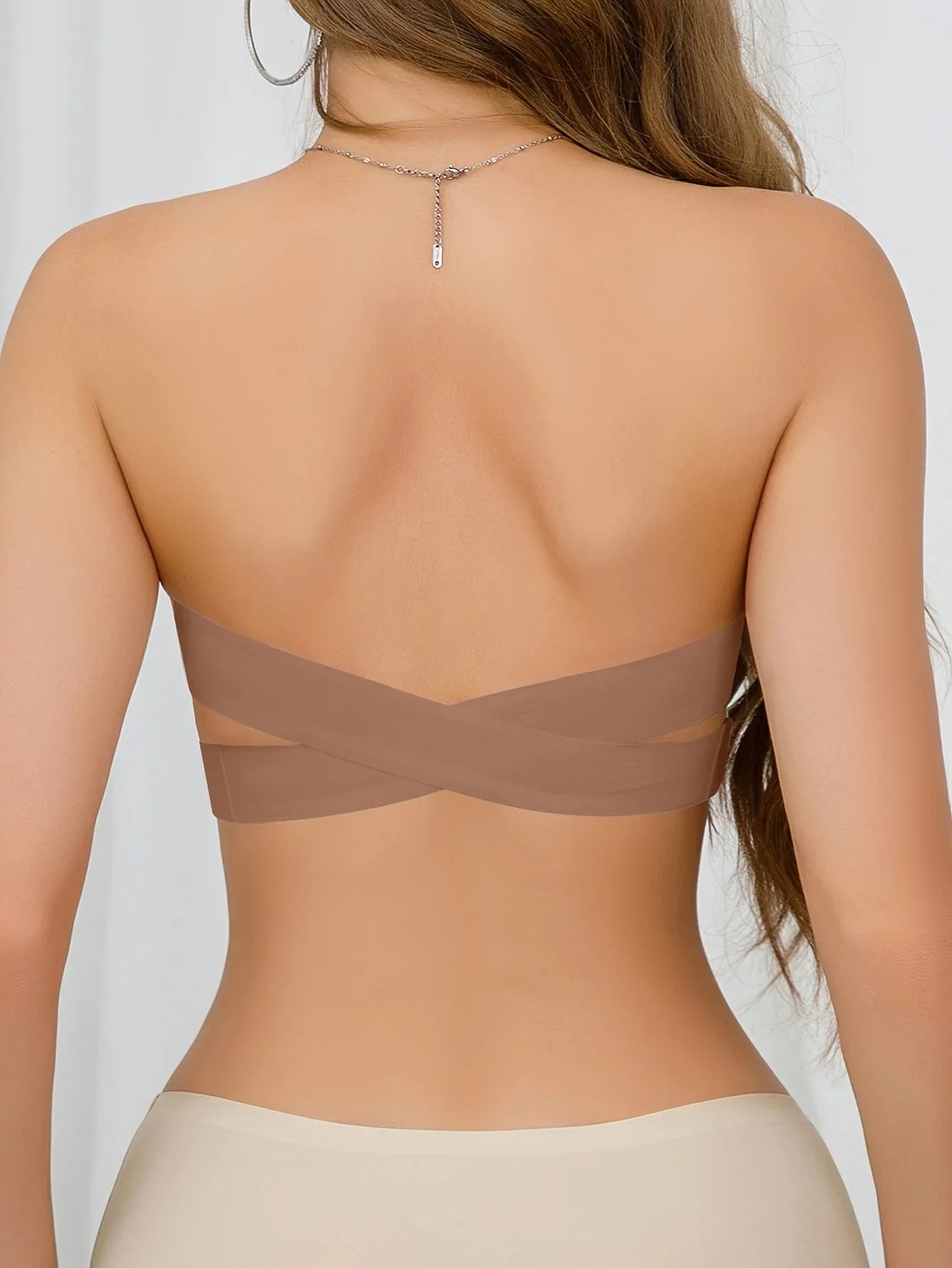 Strapless Bra with Side Clasps – Nylon Knit Fabric, Removable Padding & Crisscross Strap Details