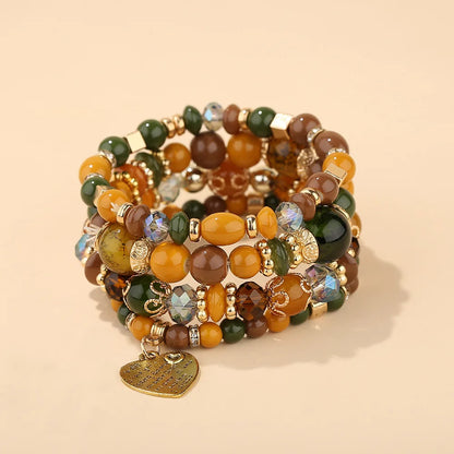 Bohemian Acrylic Beaded Bracelet Set – Solid Heart Charm Elastic Bangles for Women & Men, Retro Daily Wear Jewelry Gift