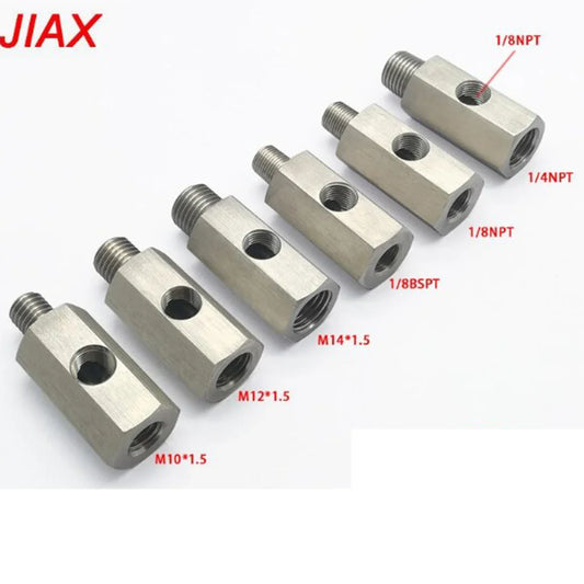 Stainless Steel Oil Pressure Sensor Connector — Side Hole Tee Adapter for 1/8"NPT, 1/4"NPT, M10, M12, M14 Feed Line Gauge