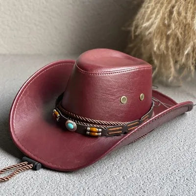 Faux Leather Western Cowboy Hat — Vintage Panama Sombrero Jazz Cap for Men & Women