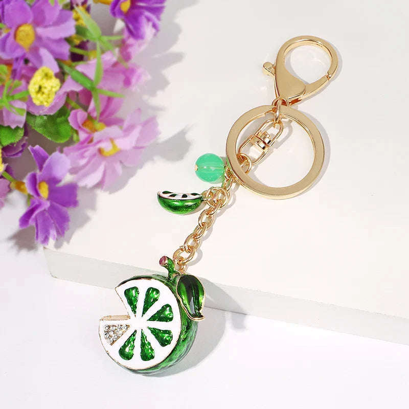 EASYA Vintage Imitation Fruit Charm Keychain – Lemon, Persimmon & Strawberry Glass Pendant, Luxury Jewelry for Women
