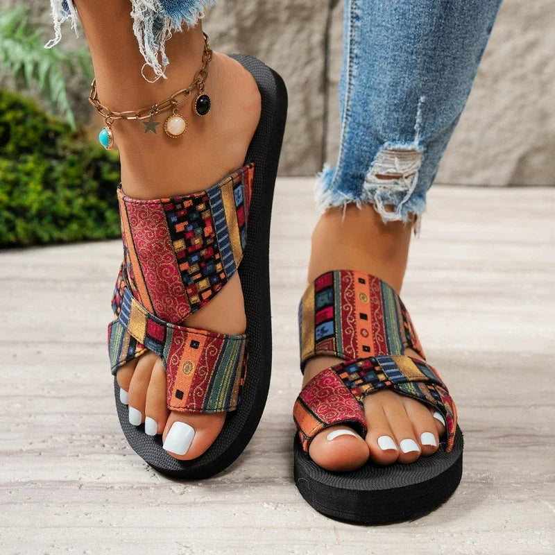 Women’s Summer Platform Sandals - Colorful Open Toe Slip-On Beach Slippers Lightweight Ethnic Style Shoes