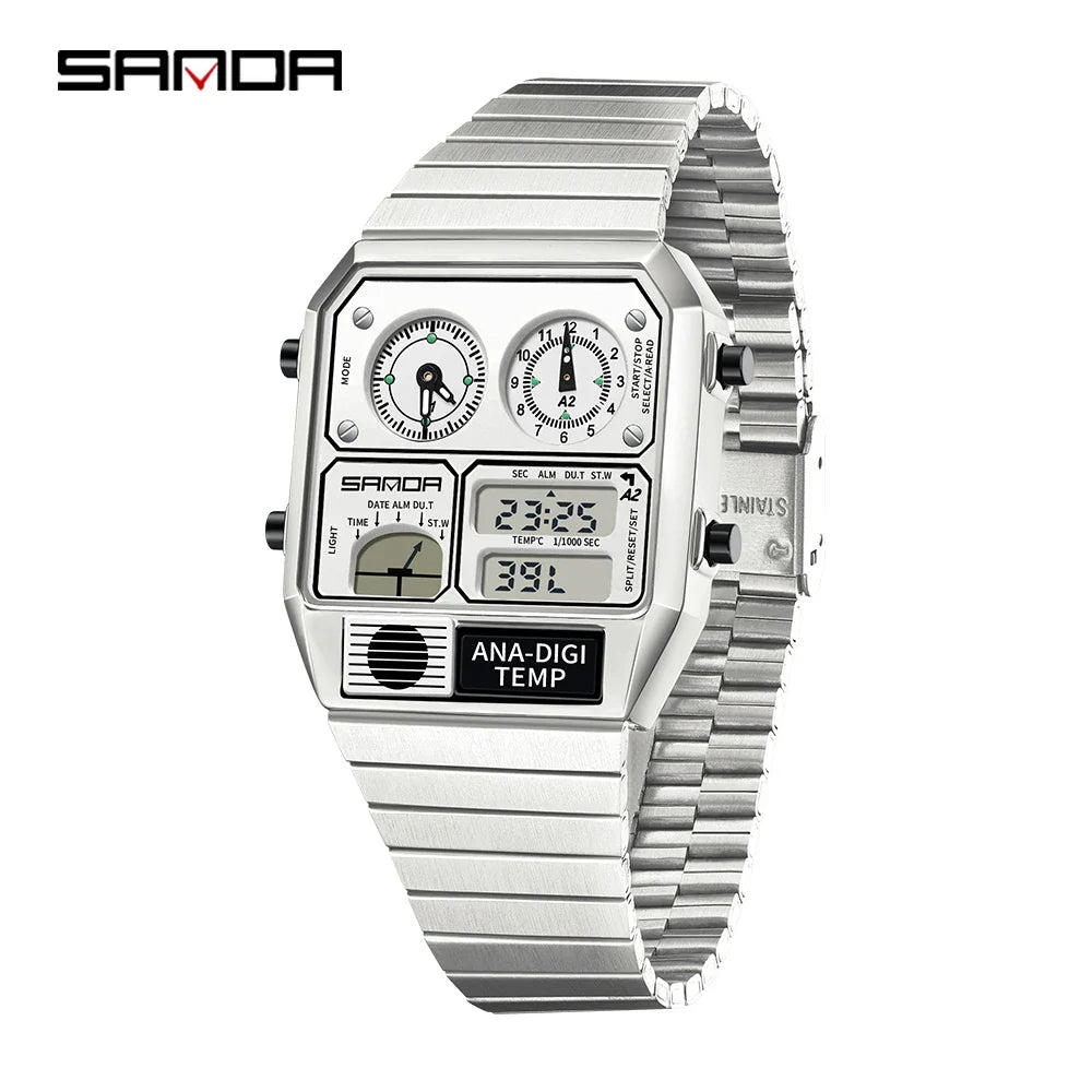 SANDA 3192 Men’s LED Square Watch — Youth Casual Multi-Function Stopwatch Thermometer Chronograph