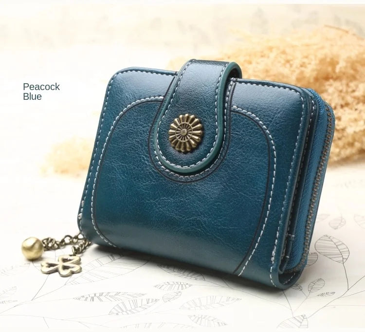 Women’s PU Leather Wallet — Short Hasp Coin & Card Holder, Small Money Bag Clutch in Blue & Red