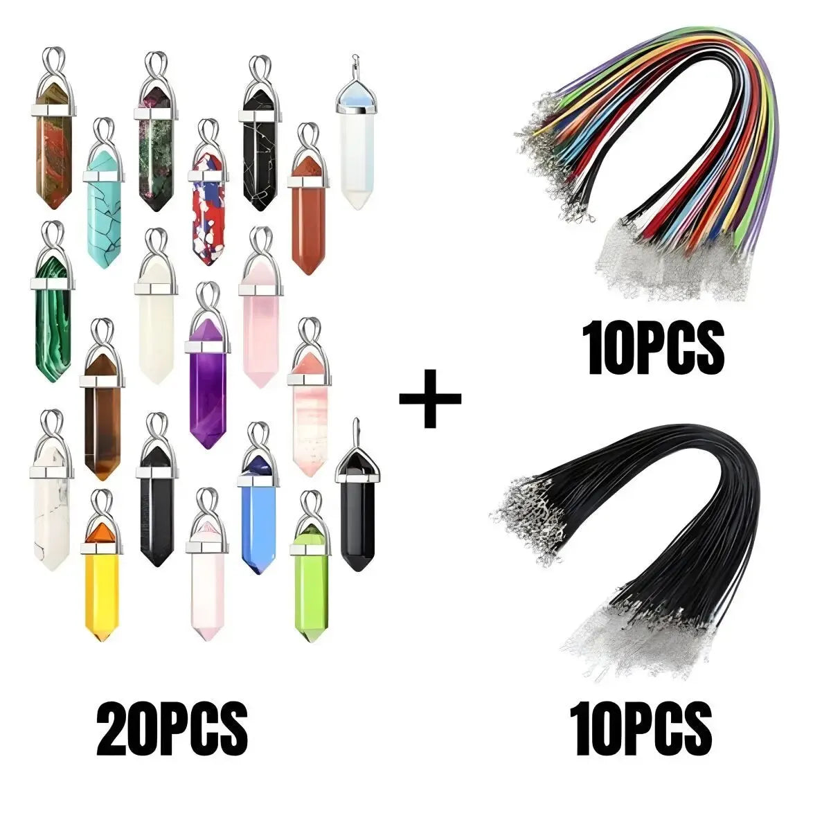 40/30PCS Hexagonal Chakra Crystal Pendant Set – Synthetic Quartz Points with Leather Necklace Chain & Storage Bag