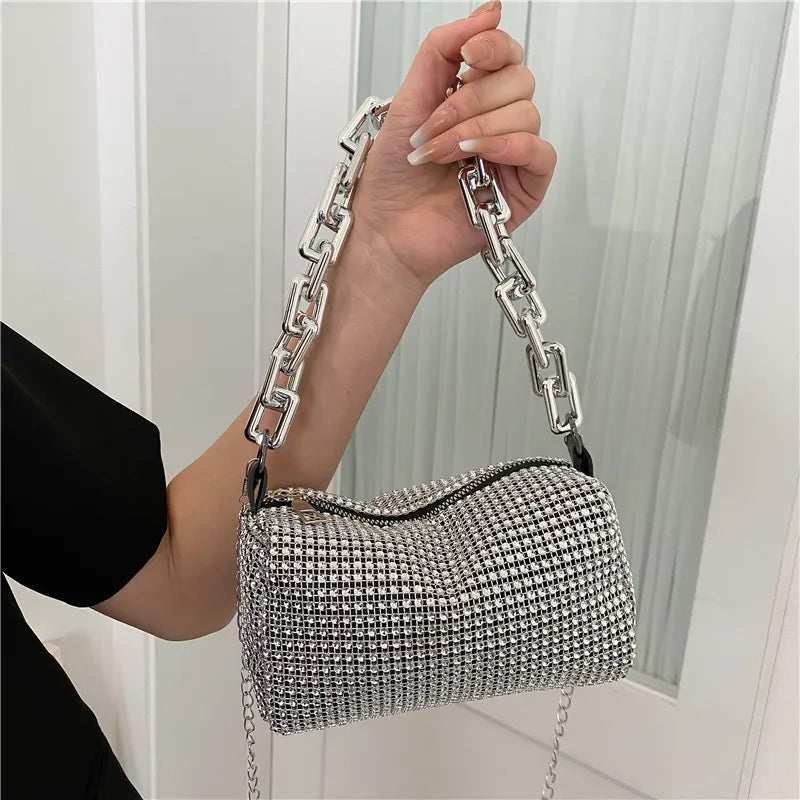 Allover Rhinestone Bucket Bag – Glitter Chain Prom Purse, Women's Mini Crossbody Bag (6.3 x 3.54 Inches)