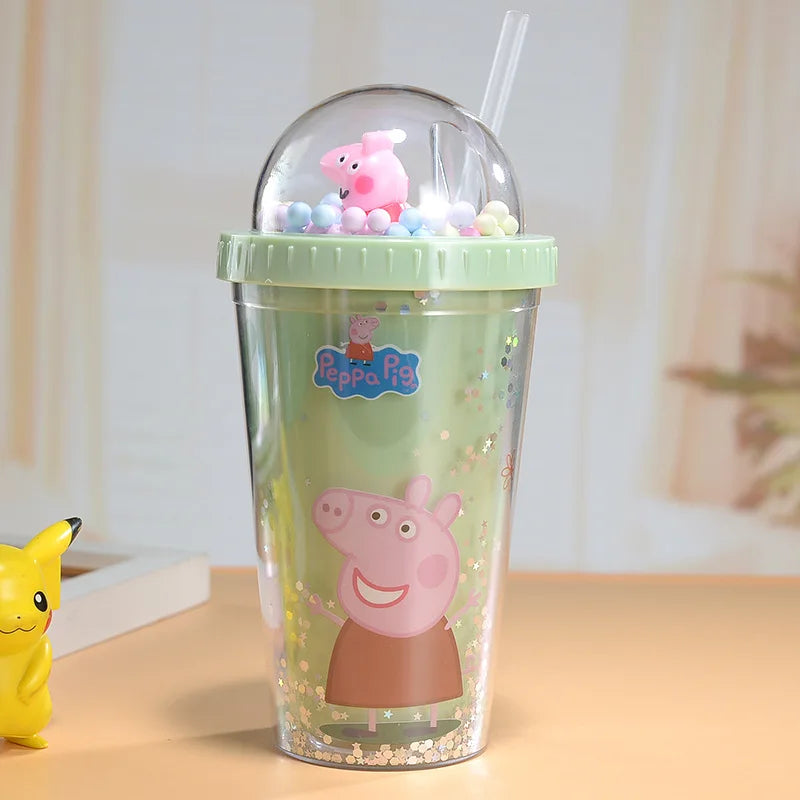 450ML Peppa Pig Plastic Water Bottle – Double-Layer Tumbler with Straw, George Pig Design, Gift for Girls