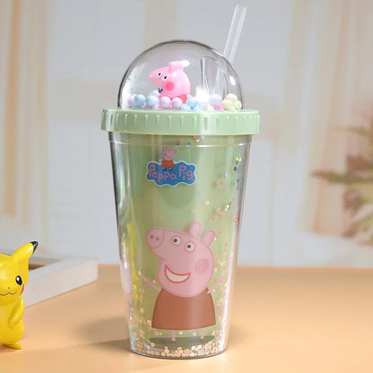 450ML Peppa Pig Plastic Water Bottle – Double-Layer Tumbler with Straw, George Pig Design, Gift for Girls