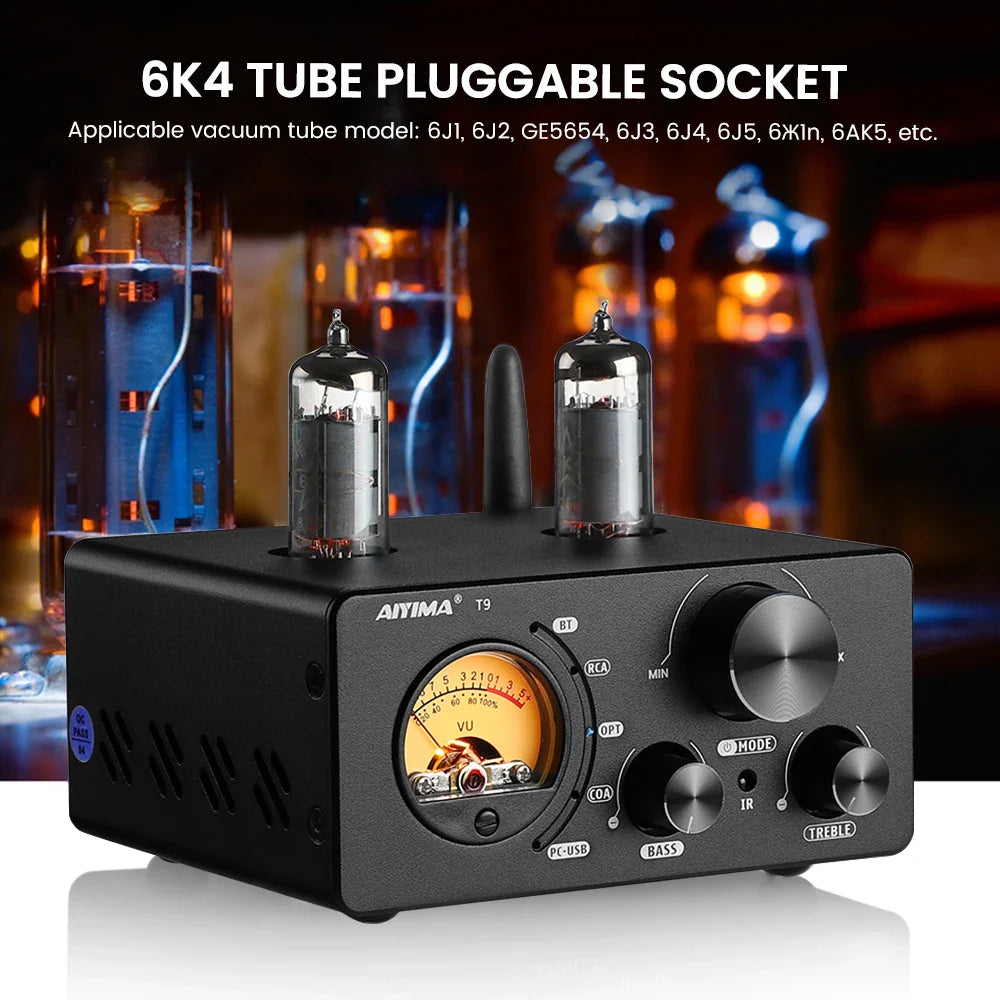 AIYIMA Audio T9 HiFi Bluetooth 5.0 Vacuum Tube Amplifier – USB DAC, COAX, OPT, VU Meter Stereo Amplifier for Speakers