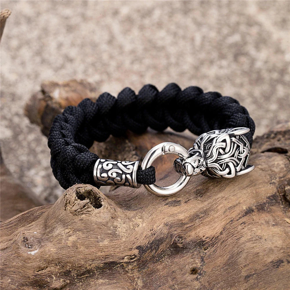 Vintage Norse Runes Celtic Wolf Survival Rope Bracelet - Handmade Stainless Steel Wristband for Men, Vikings Jewelry