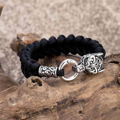 Vintage Norse Runes Celtic Wolf Survival Rope Bracelet - Handmade Stainless Steel Wristband for Men, Vikings Jewelry