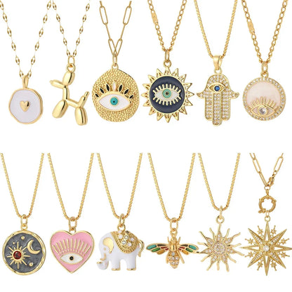 Heart Evil Blue Eye Sun Necklace – Cute Dog, Bee & Elephant Gold Pendant with Long Stainless Steel Chain for Women