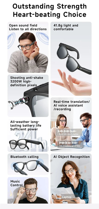 AI Smart Glasses — 8MP Camera Bluetooth Sunglasses with Audio, Video, Calls, Music Player, Multifunctional Wearable