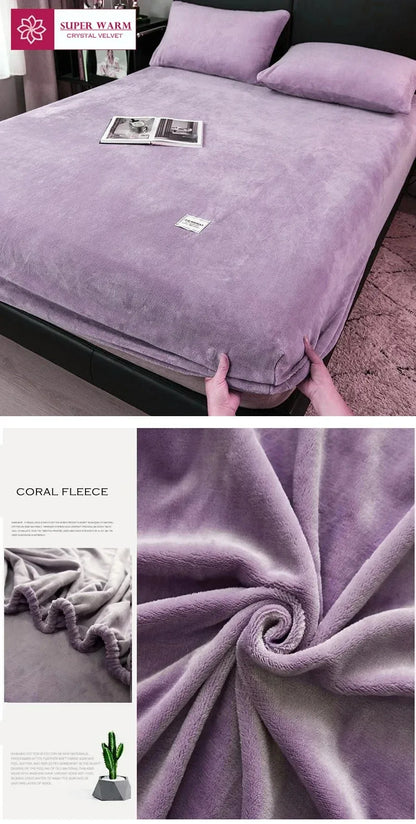 Soft Warm Plush Fitted Sheet – Elastic Coral Fleece Mattress Cover for Winter, Luxury Double Bed Bedding