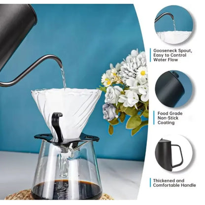350ML Stainless Steel Gooseneck Coffee Brewer Pot – Drip Kettle with Lid & Hanging Handle for Precision Pour Over Coffee Brewing