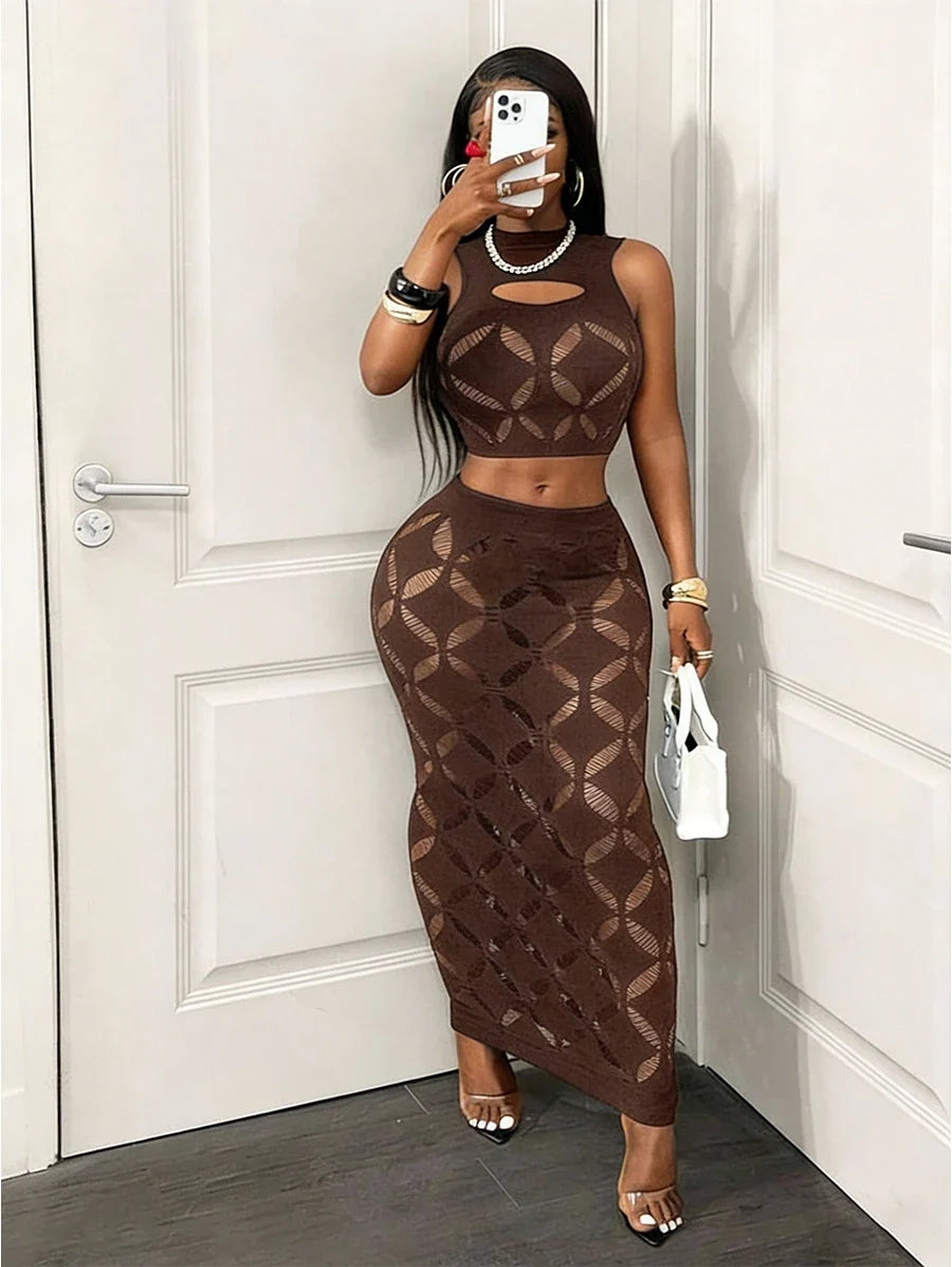 Plus Size 2-Piece Women’s Mesh Crop Tank & Bodycon Mini Skirt Set - Sexy Hollow Out Stretch Clubwear