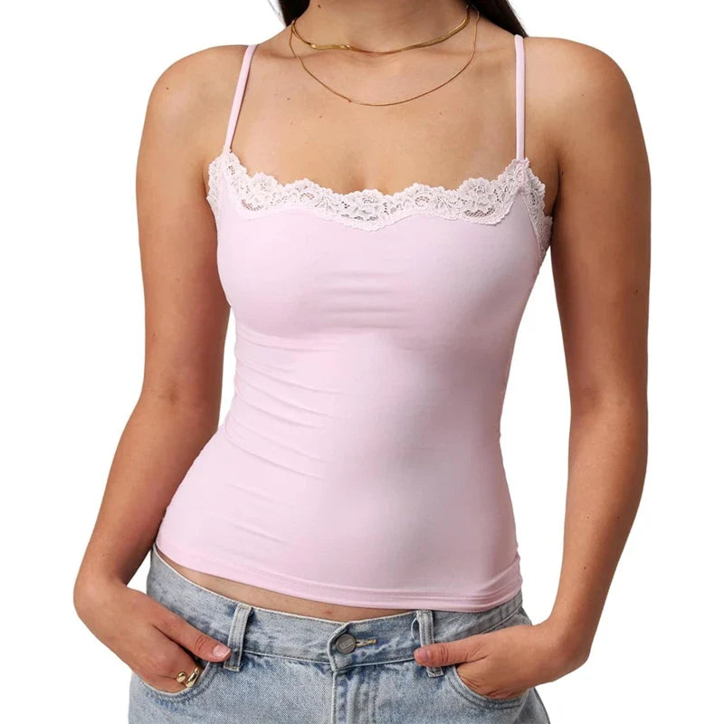 Fairy Coquette Lace Trim Slim Fit Women’s Y2K Crop Camisole Top – Summer Spaghetti Strap Sleeveless Solid Color Tank Vest