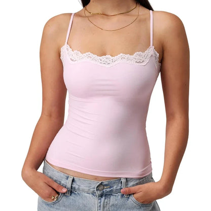Fairy Coquette Lace Trim Slim Fit Women’s Y2K Crop Camisole Top – Summer Spaghetti Strap Sleeveless Solid Color Tank Vest