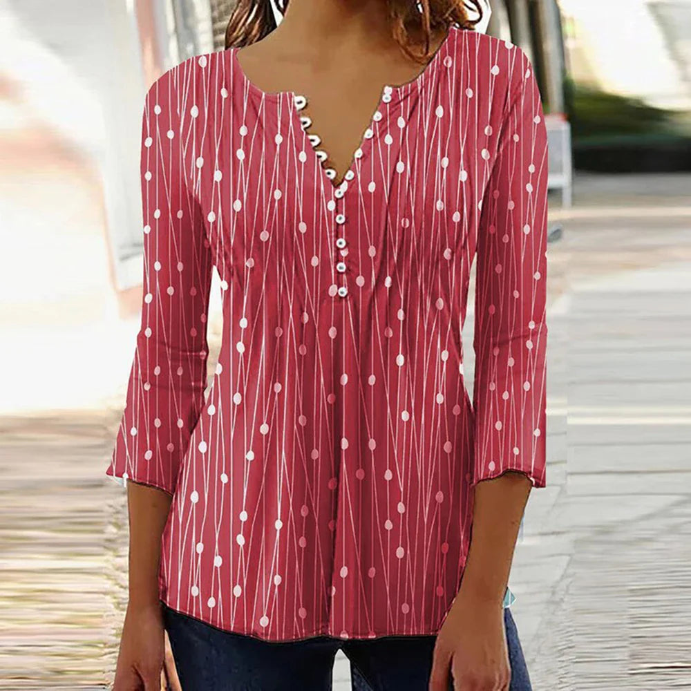 2024 Trendy 3D Printed Women’s Blouse Shirt – V Neck Button-Up 3/4 Sleeve Elegant Spring Summer Fashion Top