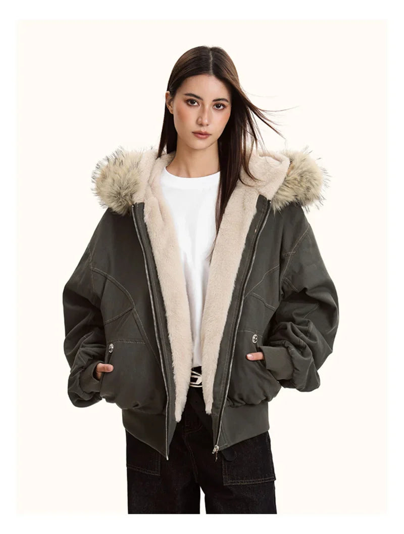 ZAROY Y2K Fur Collar Hooded Parka – Thick Padded Gothic Winter Jacket Streetwear for Men & Women