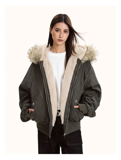 ZAROY Y2K Fur Collar Hooded Parka – Thick Padded Gothic Winter Jacket Streetwear for Men & Women