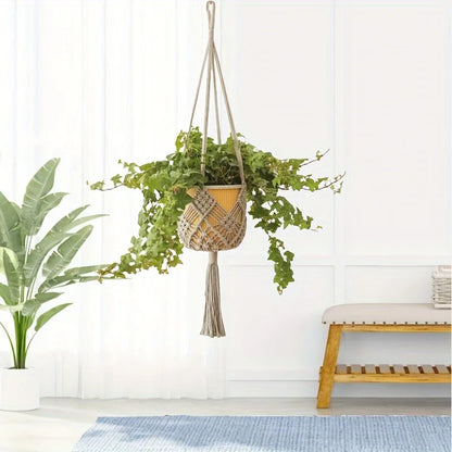 Boho Macrame Plant Hanger – Cotton Rope Woven Basket with Net Pouch for Indoor & Outdoor Hanging Succulents