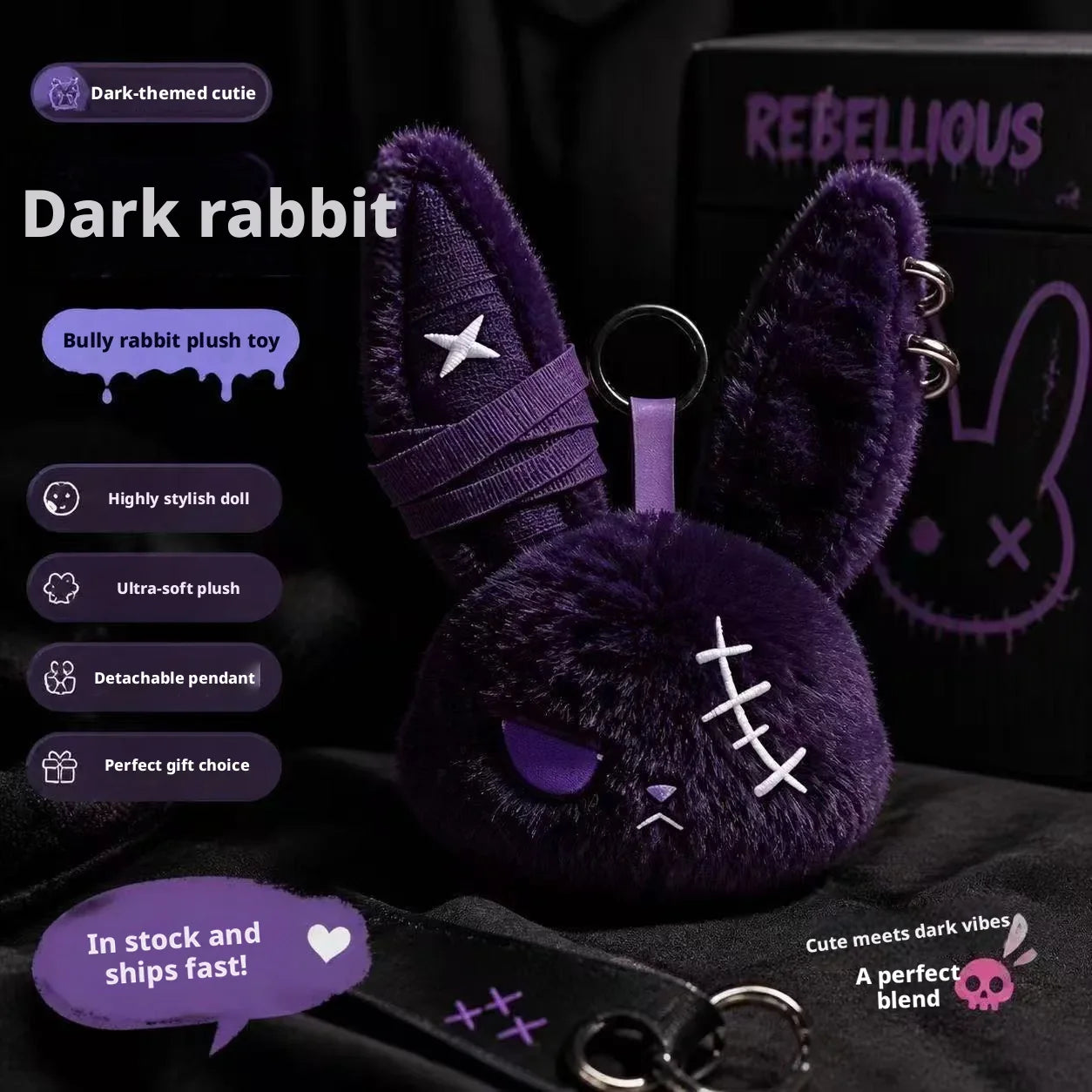 Gothic Bunny Plush Keychain - Kawaii Rabbit Bag Charm Bandage Design Pendant Car Ornament Gift