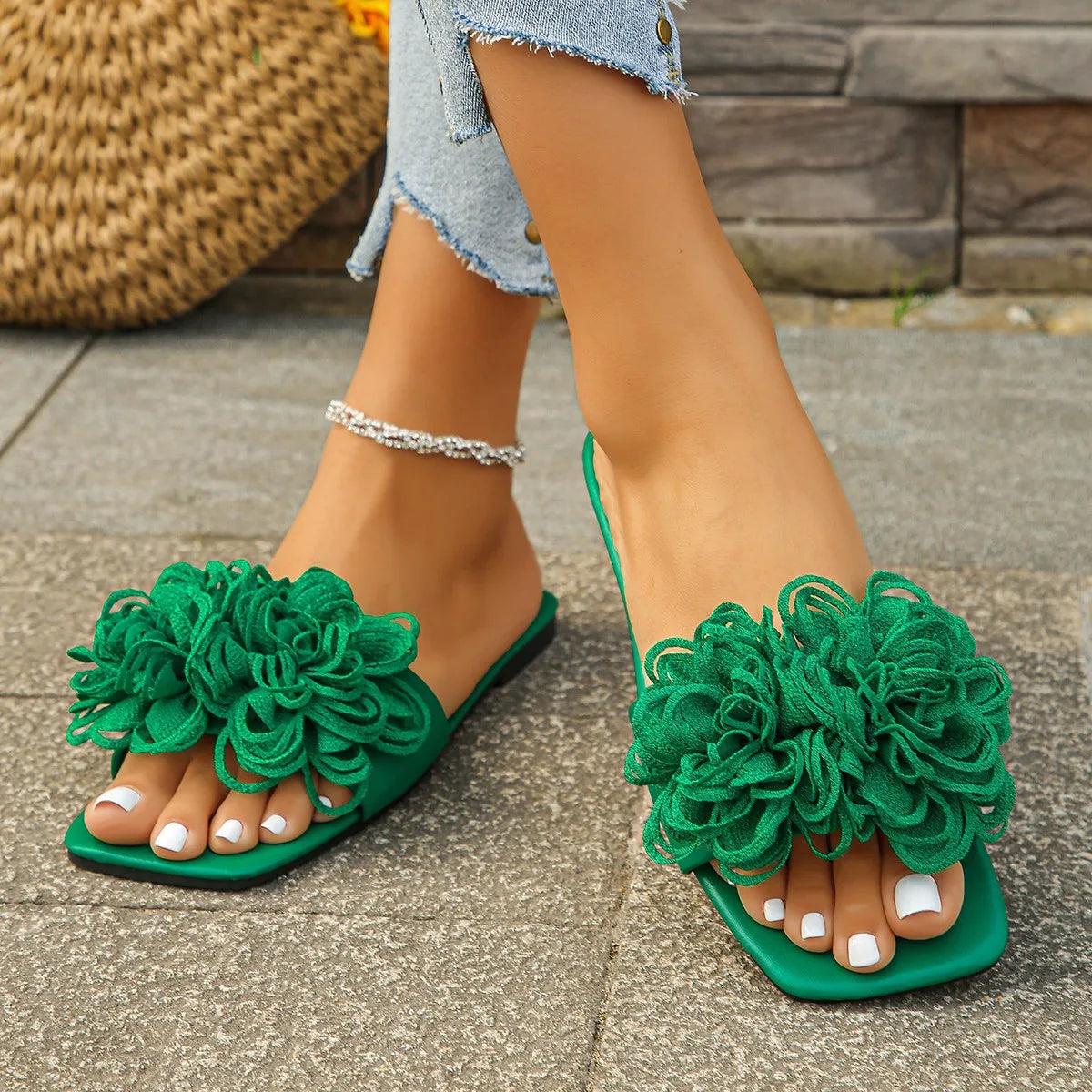 Women’s Crochet Flower Slide Sandals - Colorful Floral Slip-On Mules for Summer