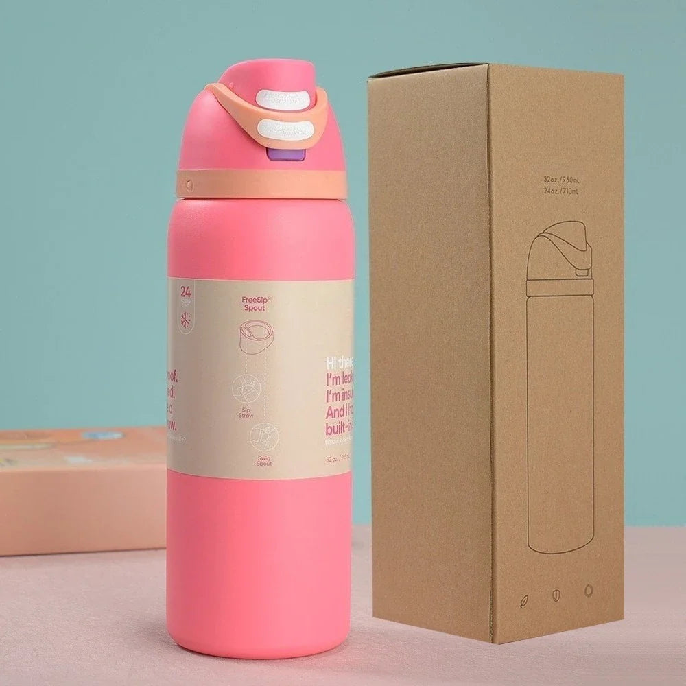 New Iced Water Bottle – Stainless Steel Thermos Cup with Straw for Cold Drinks, Iced Coffee & Sports, 24oz & 32oz for Kids